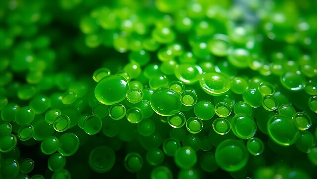 Macro photograph of vibrant green algae cells in water under soft natural light.
