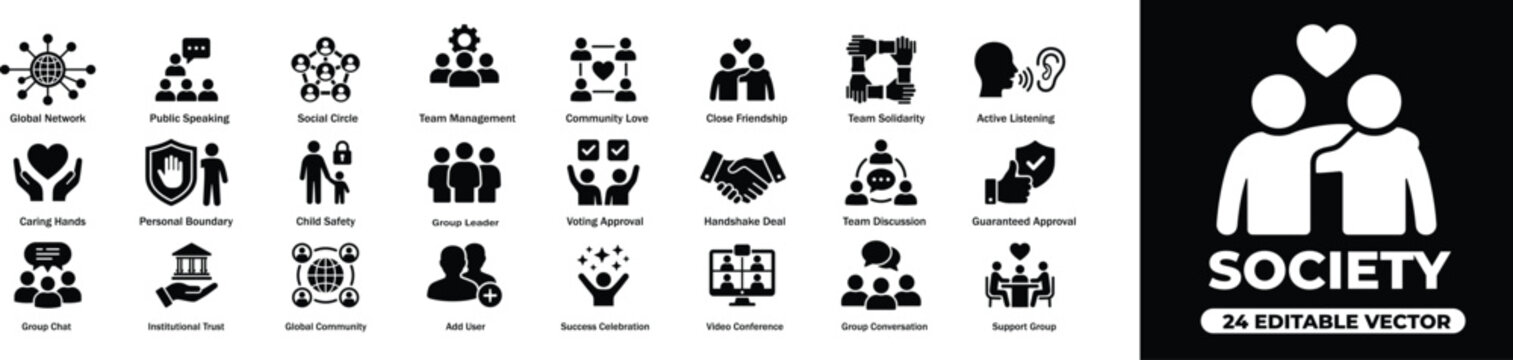 Society and community vector icons set in black and white style. Featuring public speaking social circle team management and active listening steps. Modern corporate layout for business presentations.