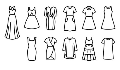 Fototapeta premium Female Fashion Dress Black Outline Icon Collection Vector Illustration