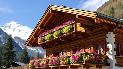 Fototapeta premium A traditional Alpine wooden chalet with a flower-decked balcony against snow-capped mountains.