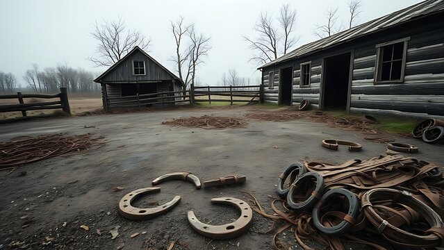 An abandoned farmyard corner with rusty horseshoes and leather.