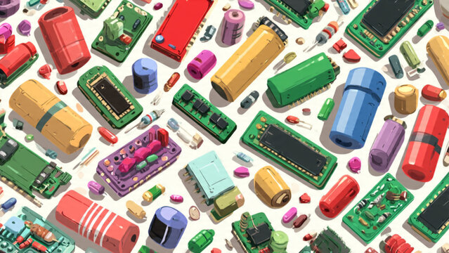 Assorted electronic circuit components colorful tiny smartphone chips resistors and capacitors for technology projects