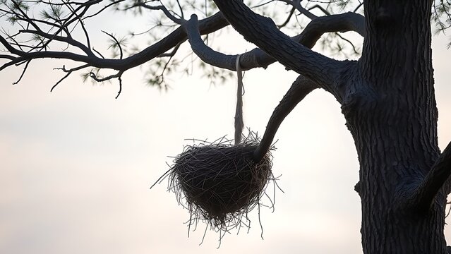 Large woven bird's nest in a tall tree fork against a soft-focus sky.