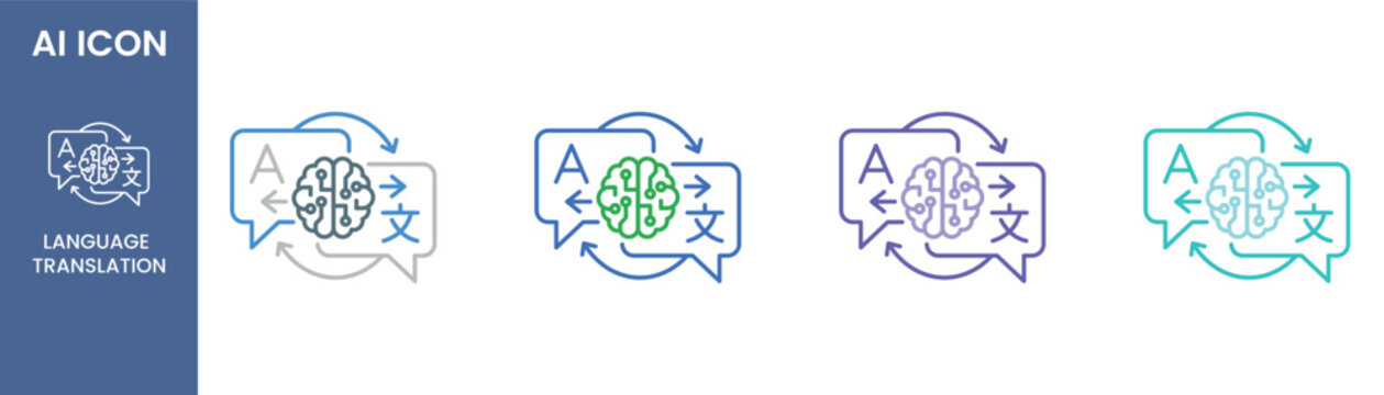 AI language translation outline icon set with brain circuit and speech bubbles for multilingual chatbot or artificial intelligence interpreter concept, Vector illustration