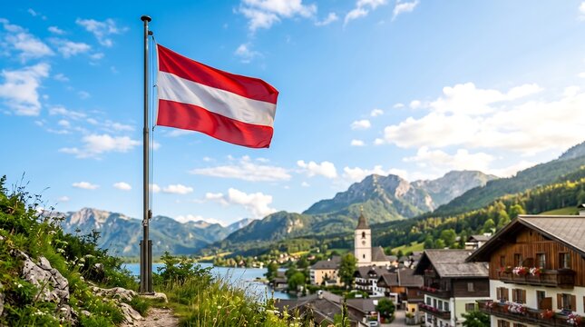National flag of Austria waving on pole overlooking alpine village lake and mountain landscape background