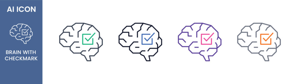 AI brain with checkmark outline icon set with tick box for smart decision making, artificial intelligence verification or correct solution concept, Vector illustration