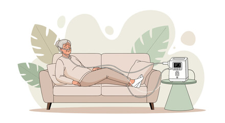 Obraz premium Elderly Woman Recovering at Home with Medical Equipment