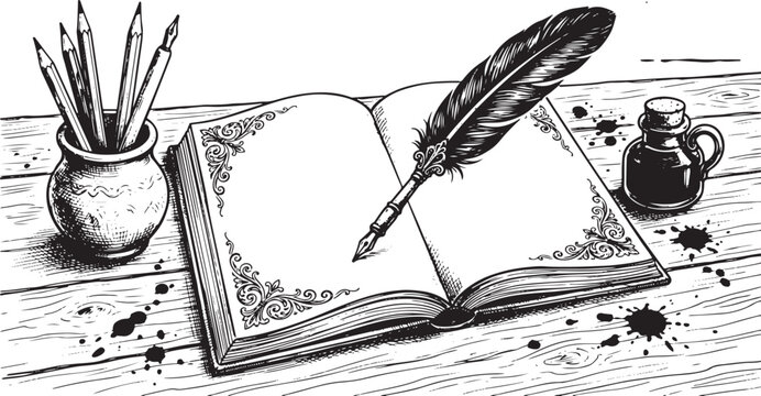 Vintage writing setup with quill pen inkwell and open journal