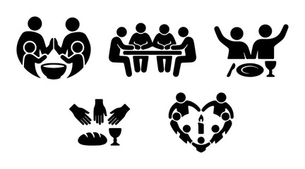 Obraz premium Community Gathering Icons, Family Meal, Celebration, Sharing, Togetherness, Unity, Vector Set