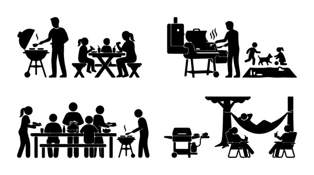 Family BBQ Icons, Outdoor Picnic Silhouettes, Summer Grilling Vector Set, Casual Gathering Graphics