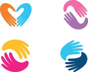 Fototapeta premium Set of minimalist colorful hand logo designs representing unity, community, care, partnership, connection, and social responsibility concepts vector.