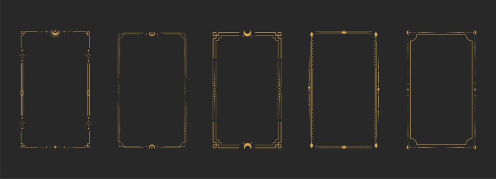 Celestial boho gold frames, dividers. Esoteric deco border. Elegant thin lines, moon crescent, sun, stars decorations. Tarot card template, occult design set