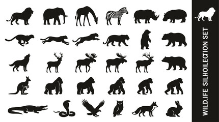 Fototapeta premium Collection of black wild animal silhouette icons featuring lion elephant giraffe bear tiger gorilla and wolf