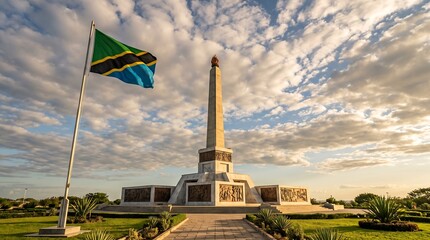 Fototapeta premium Wide angle view of Uhuru Monument and Tanzanian national flag under golden hour cloudy sky