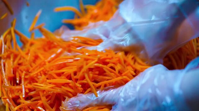 Preparing Fermented marinated carrot salad. Korean style Healthy food. Hang carrot salad by hand