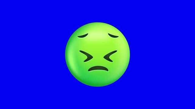 Green Nauseated Emoji On Blue Background.
