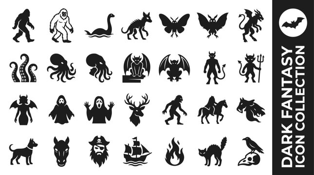 Spooky mythical creatures and cryptid monsters silhouette icon set including bigfoot, kraken, gargoyle, and devil