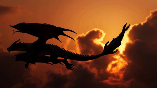 Tracking shot of dragon silhouette flying and gliding across fiery sunset clouds in dramatic sky horizon