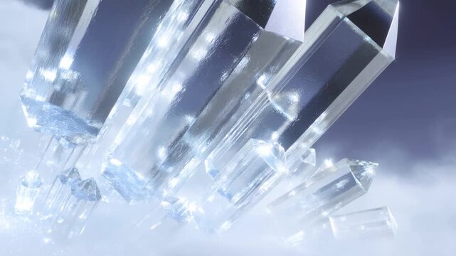 Slow motion tracking shot of crystal formations rising through mist and clouds with reflective facets in cold atmospheric sky