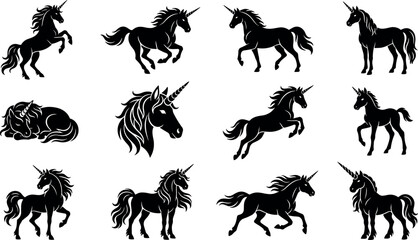 Fototapeta premium Black unicorn silhouette icon set with mythical horned horses jumping running standing sleeping and head portraits isolated on white background vector illustration