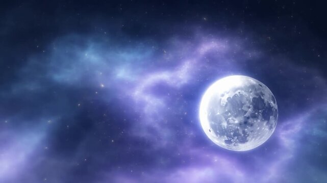 Slow pan tracking of moon drifting across purple nebula and starfield in deep space cosmic sky scene at night