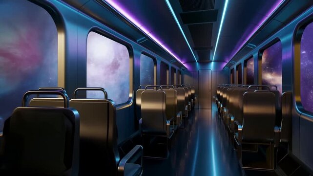 Tracking dolly shot of empty futuristic train cabin gliding down aisle past galaxy windows inside space carriage interior with neon purple lighting