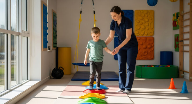 Female therapist helps a boy with sensory processing disorder walk on balance pods during an occupational therapy session for World Autism Awareness Day.