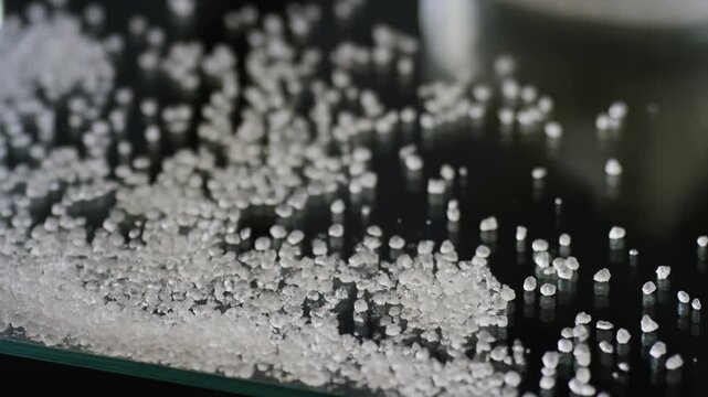 Tracking macro pan of salt crystals cascading across glass surface on tabletop in laboratory studio close up slow motion study