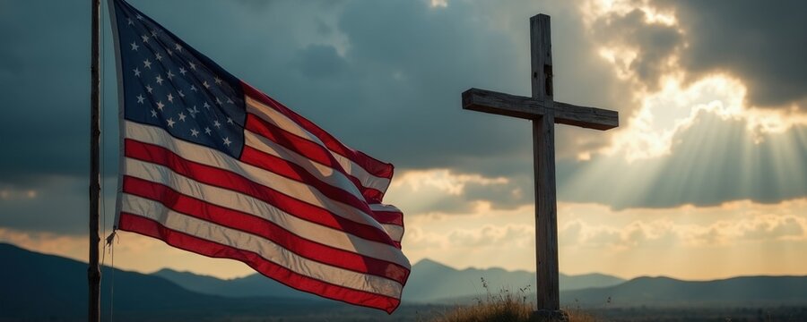 American flag waves by wooden cross on hill. Dramatic clouds, sunbeams illuminate symbol. Patriotism faith blend, representing national spirit and religious belief.