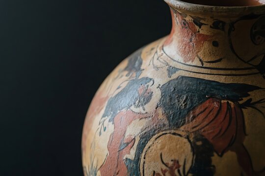 Greek amphora vase painting with mythological scenes in terracotta