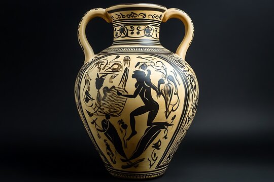 terracotta Greek amphora vase painting with mythological scenes in
