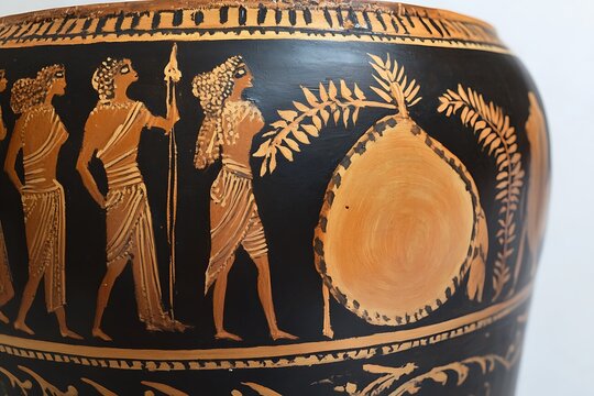Greek amphora vase painting with mythological scenes in terracotta