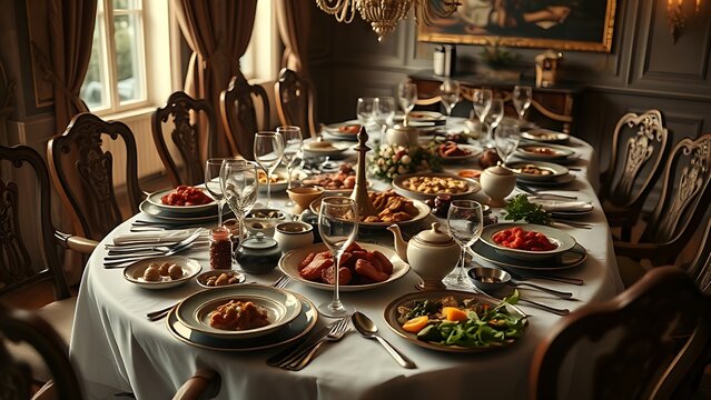 Lavish dining table with gourmet dishes and a single place setting.