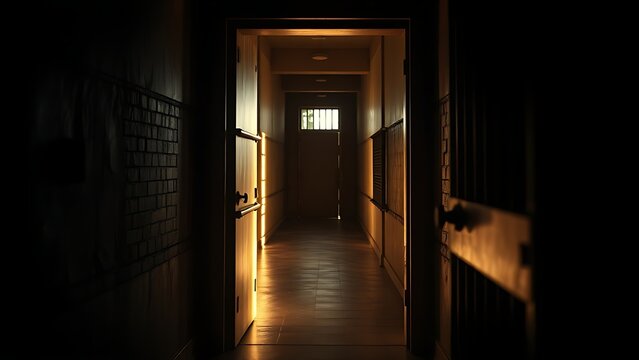 Open prison cell door with light streaming into the dark interior.
