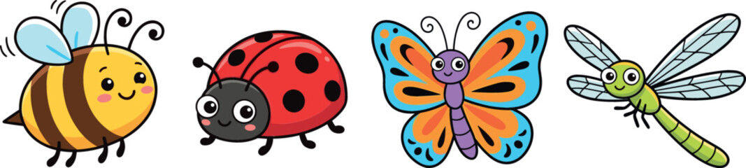 Cute cartoon garden insects collection with smiling honey bee ladybug butterfly and dragonfly mascots isolated on white background vector illustration © MdMehedi