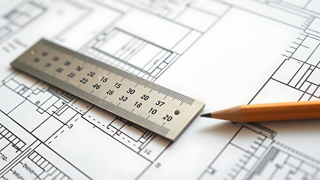 A metal ruler and sharpened pencil lying on unfinished architectural blueprints.