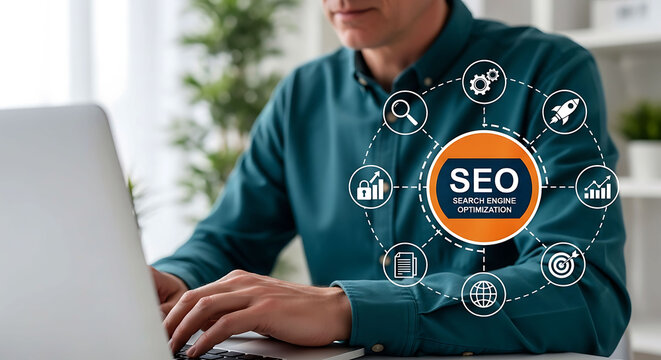 Businessman working on laptop with SEO search engine optimization concept icon graphic