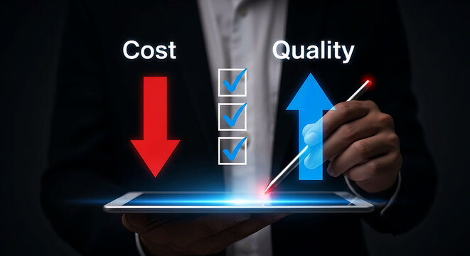 Businessman balancing cost reduction and quality improvement on digital tablet