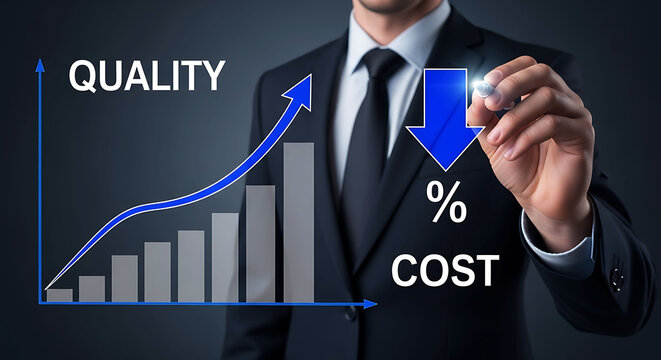 Businessman pointing at graph showing increasing quality and decreasing cost percentage