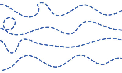 Fototapeta premium Modern Blue Dashed Wavy Line Collection – Decorative Dotted Path Divider Editable Vector Design Elements