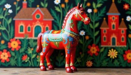 Fototapeta premium Vibrant red Dala horse figurine with intricate floral patterns. Decorative folk art horse stands on table. Ornate design on horse and floral background. Traditional Swedish handicraft.