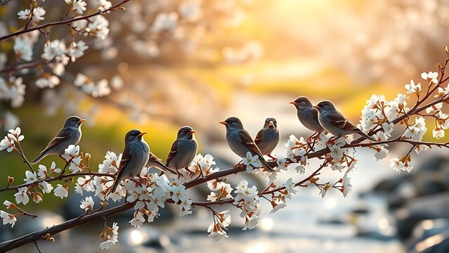 Sparrows chirping on blossoming branches by spring stream, soft background.