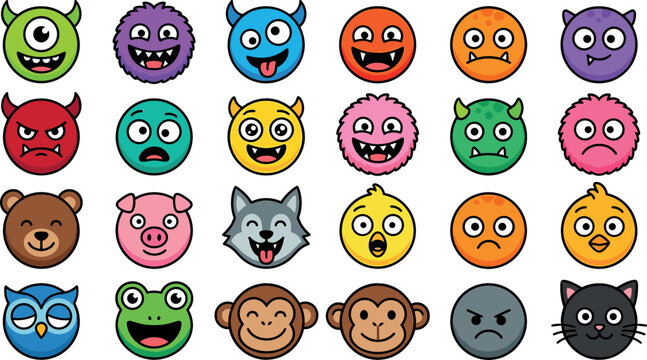 Cute cartoon monster and animal emoji face icon set with friendly alien creatures funny beast avatars and smiling wildlife characters vector illustration