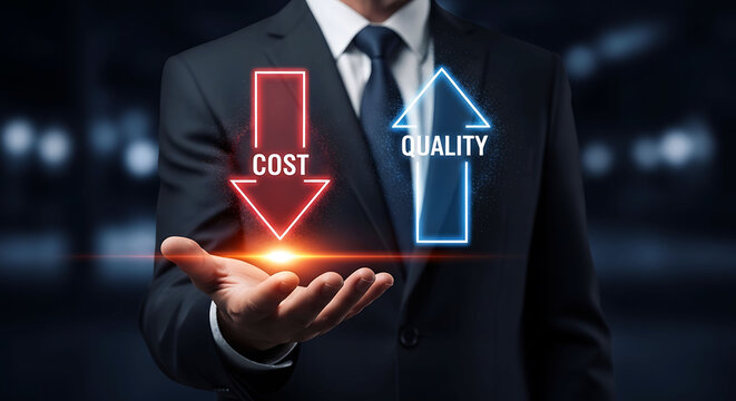 Businessman holding down cost and up quality arrows for business optimization