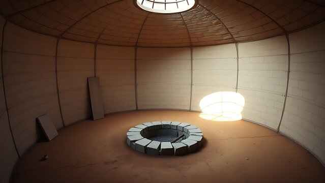 Circular stone hut interior with central fire pit and soft natural light.
