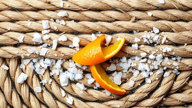 Textured hemp rope background with sparkling salt grains and a vibrant strip of orange peel.