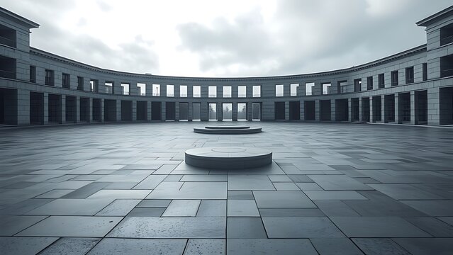 A vast, empty stone plaza with a solitary podium under overcast light.