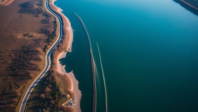 Aerial view of a narrow river merging into a wide main river from above.