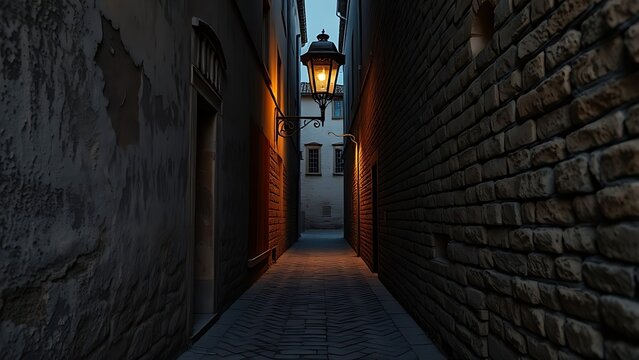 A narrow cobblestone alley with weathered walls leads to a vintage street lamp at the end in dusk light.