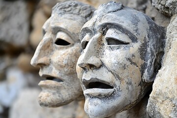 Obraz premium Greek theater masks crafted in expressive stone